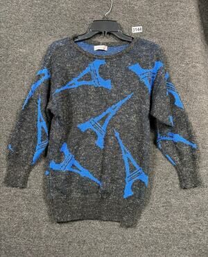 VTG Pandora Knit Sweater Eiffel Tower Print Women Size M Black Blue Long Sleeve